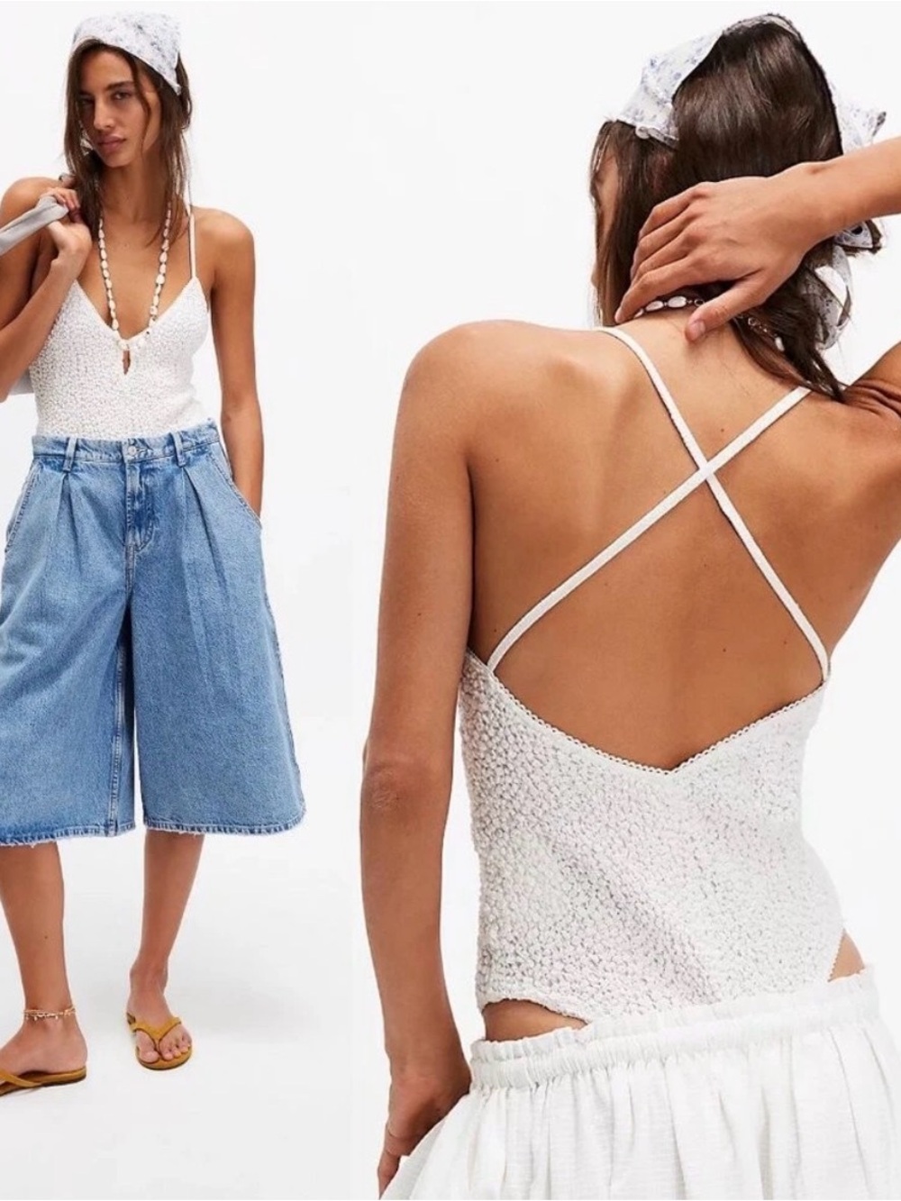 BNWT Free People White Crochet Crossback Bodysuit